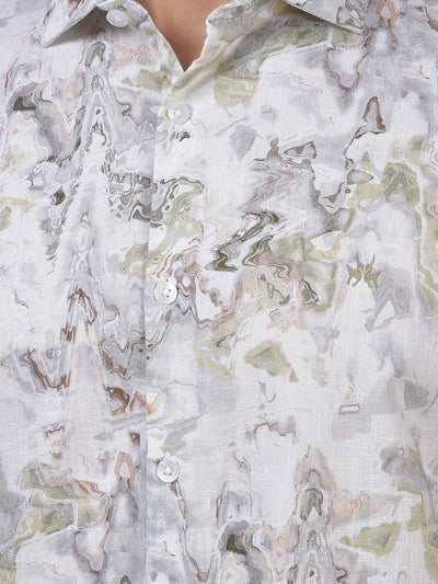 Green Abstract Print Linen Shirt