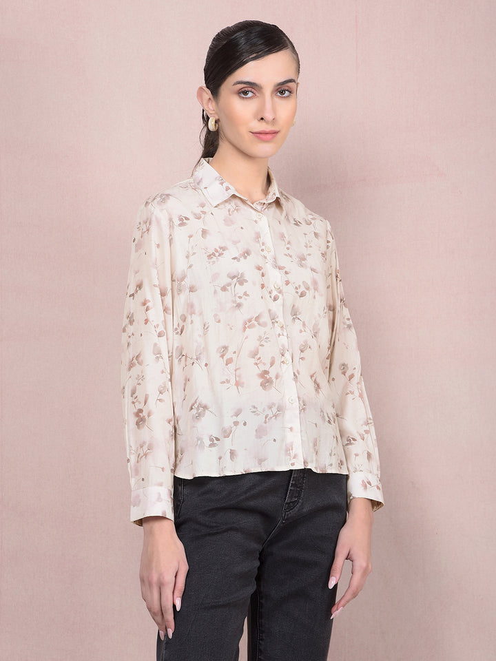 Beige Floral Print Shirt-Women Shirts-Crimsoune Club