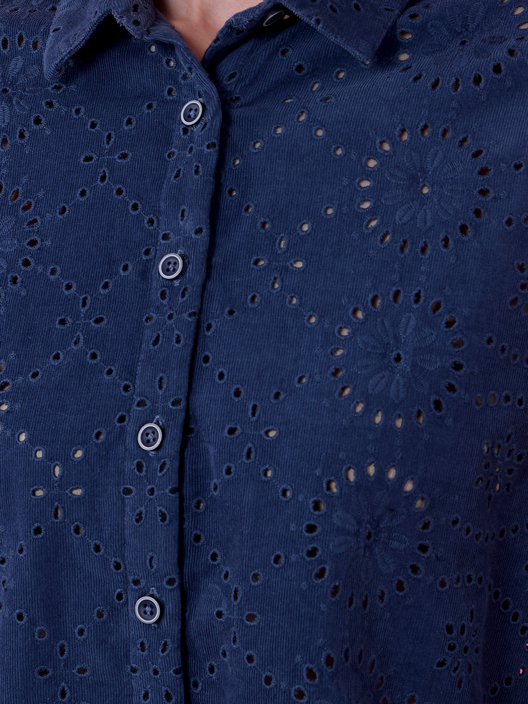 Navy Blue Embroidered 100% Cotton Semi-Sheer Shirt