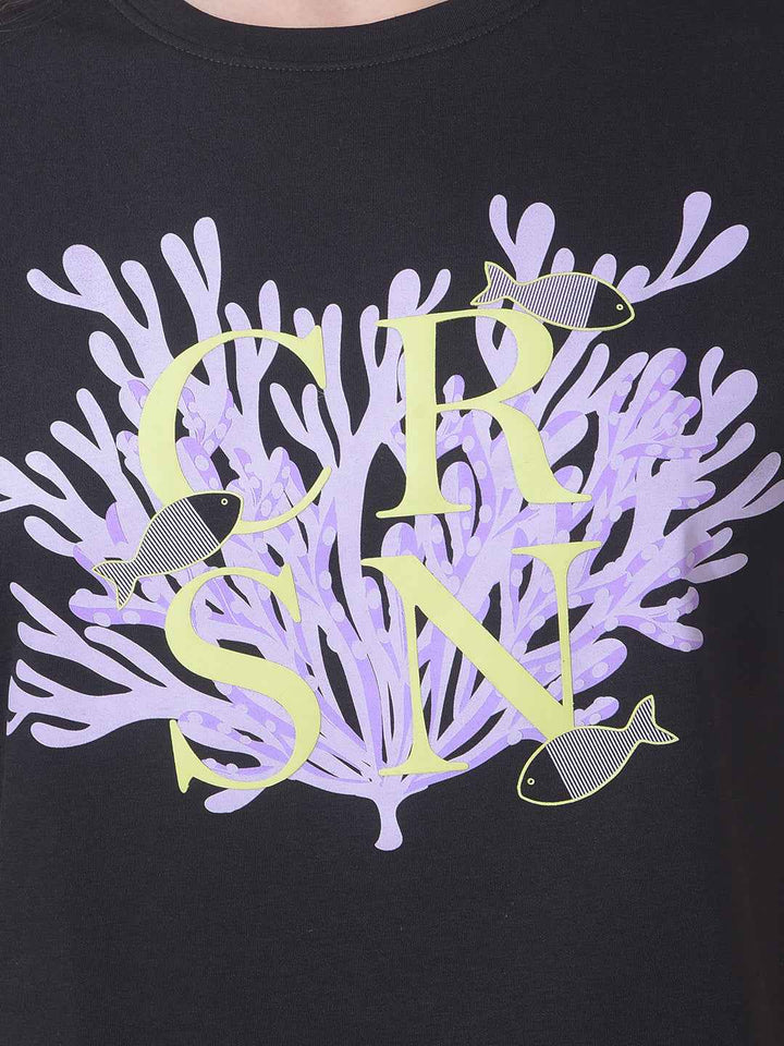 Black Botanical Print Cropped T-Shirt