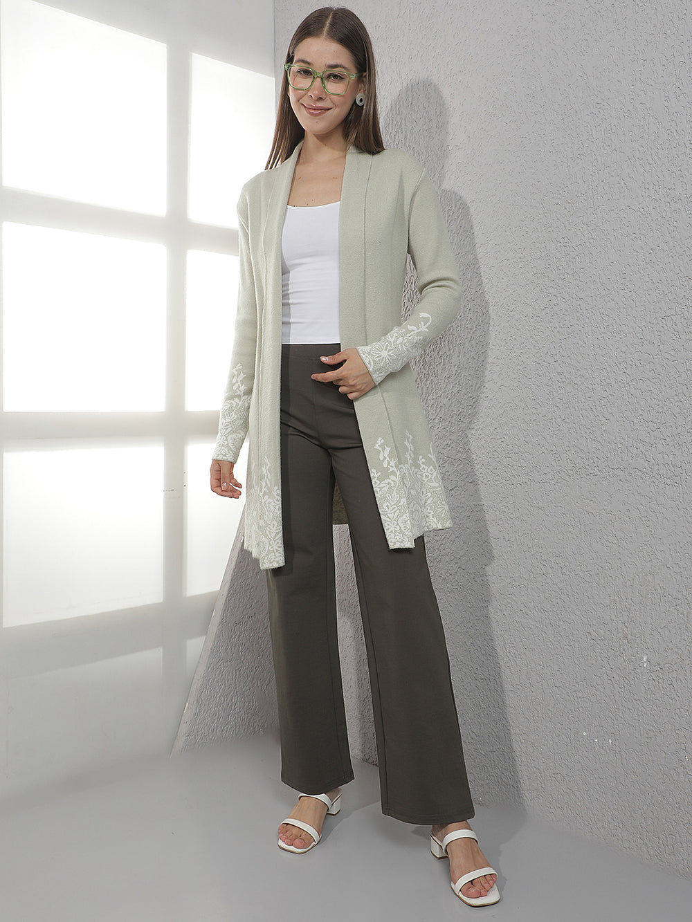 Green Floral Jacquard Open Front Longline Shrug