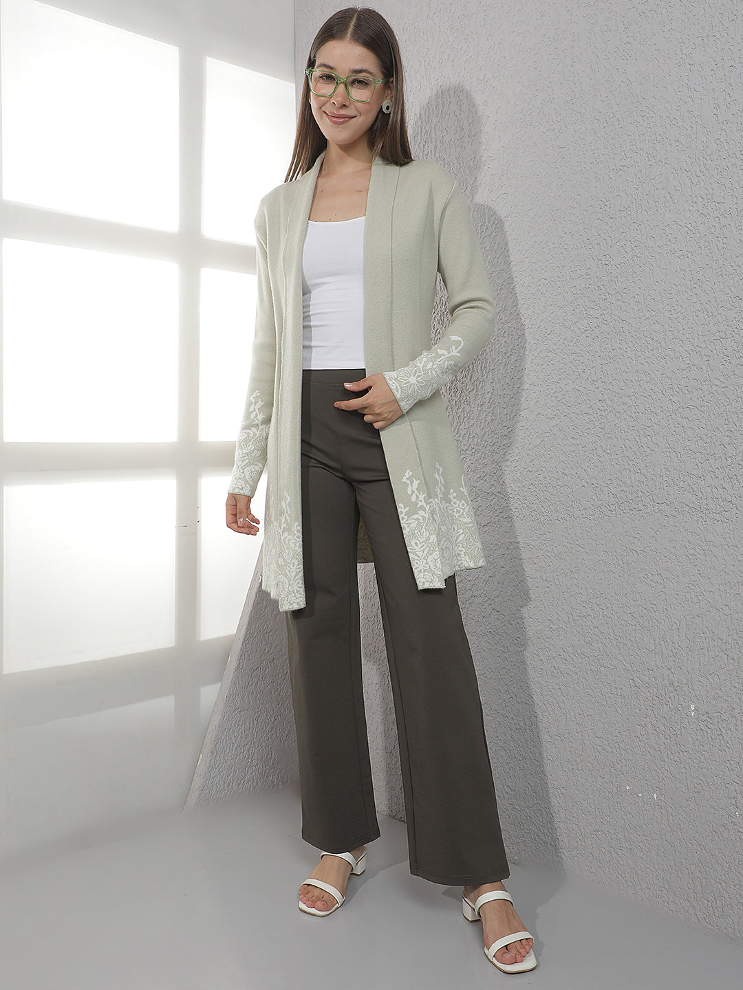 Green Floral Jacquard Open Front Longline Shrug