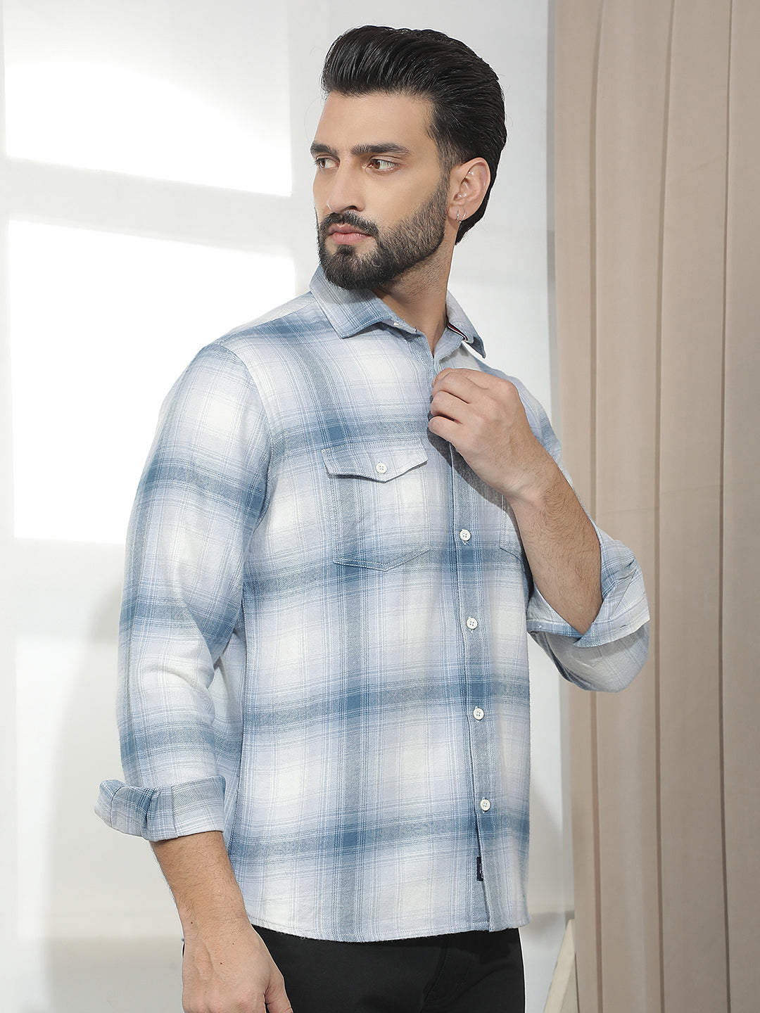Blue Checked 100% Cotton Double Pocket Shirt