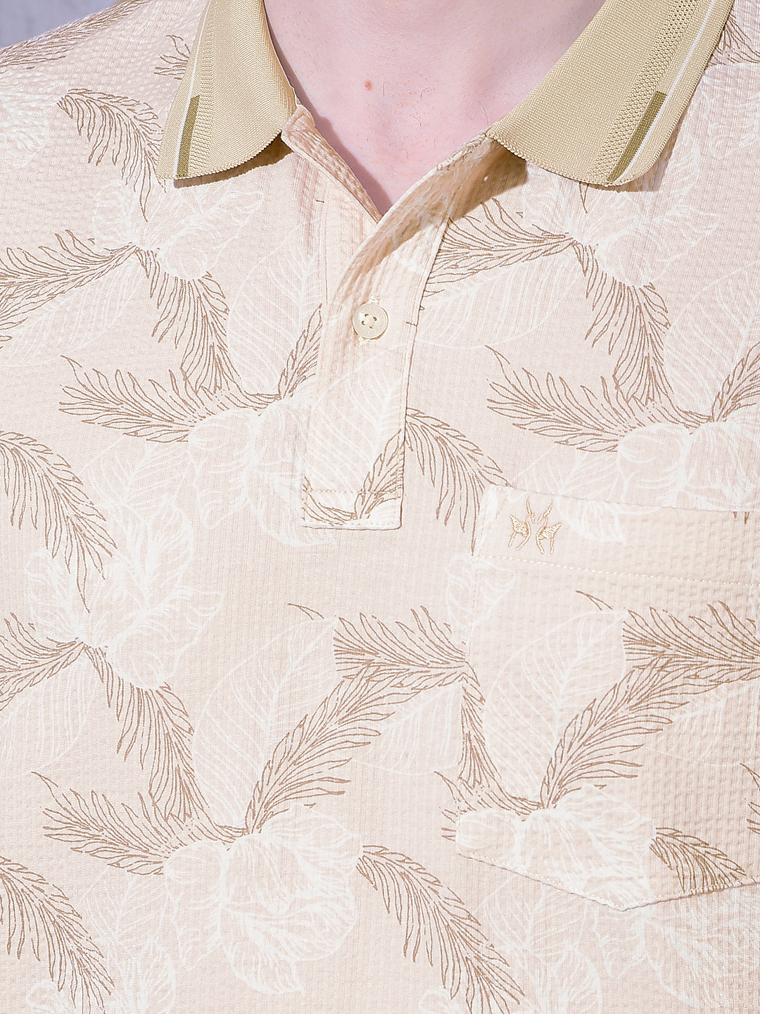 Beige Floral Print Polo Neck T-Shirt