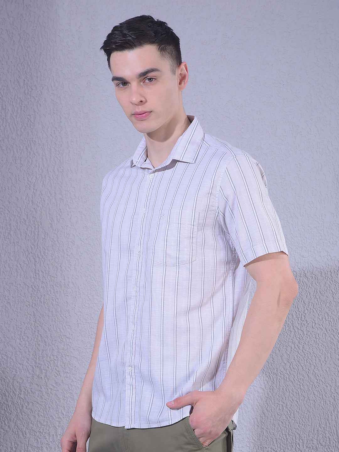 Beige Vertical Striped 100% Cotton Shirt