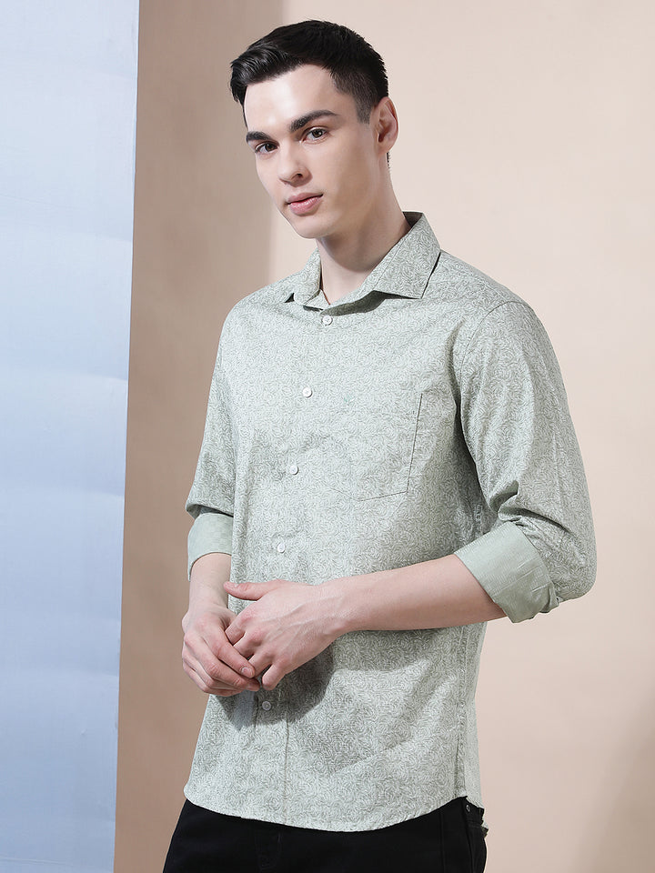 Green Floral Print 100% Cotton Shirt