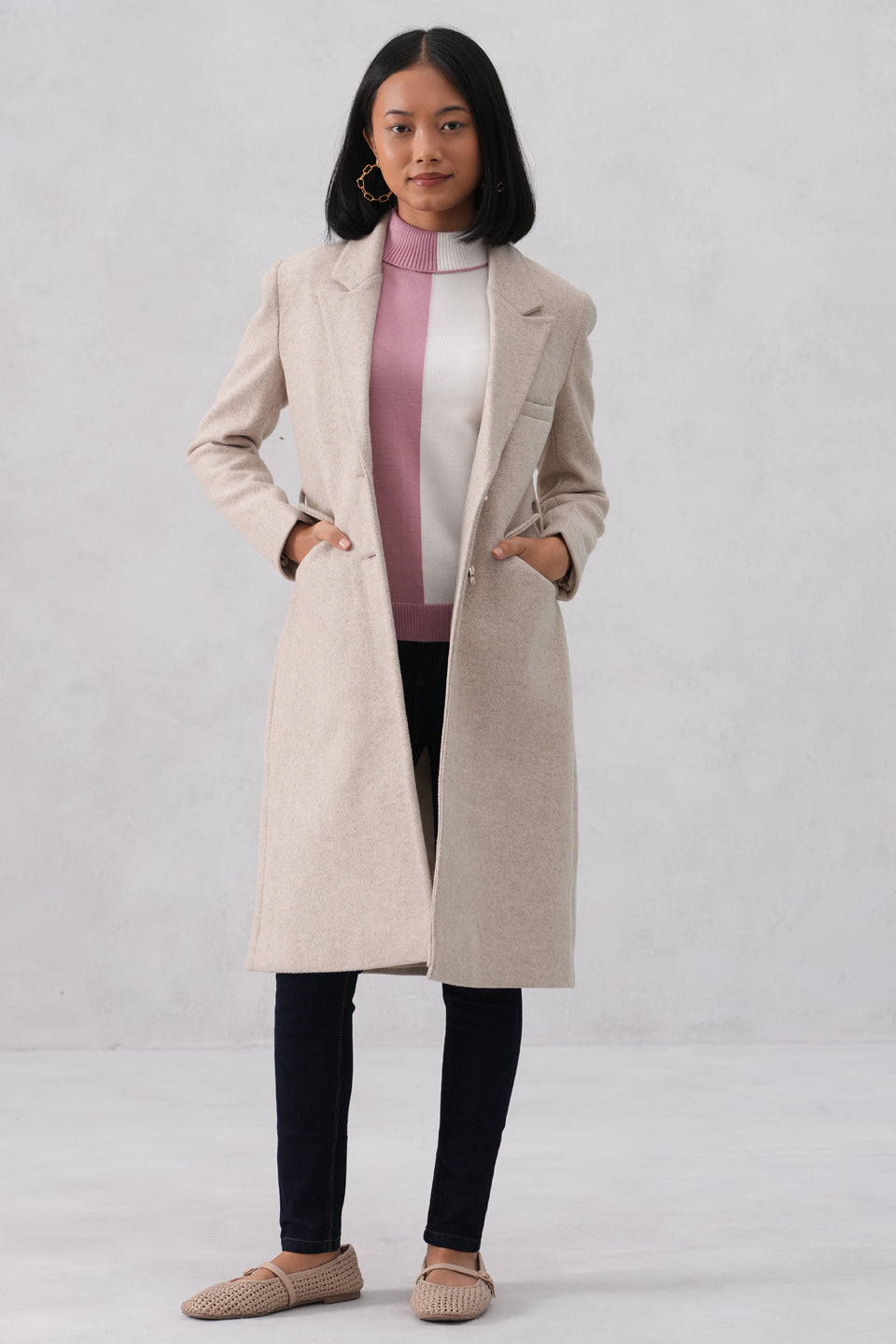 Beige Single Breasted Overcoat