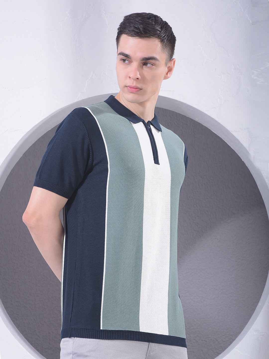 Color-Blocked 100% Cotton Polo Neck T-Shirt with Zip Closure