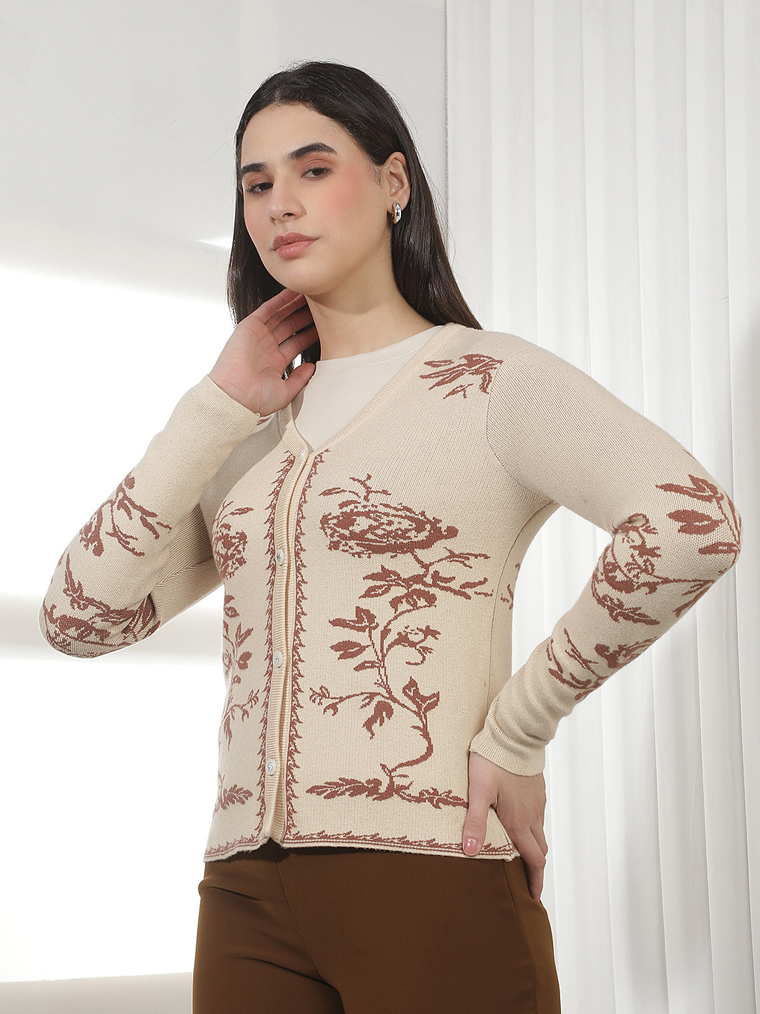 Beige Floral Print V-neck Cardigan