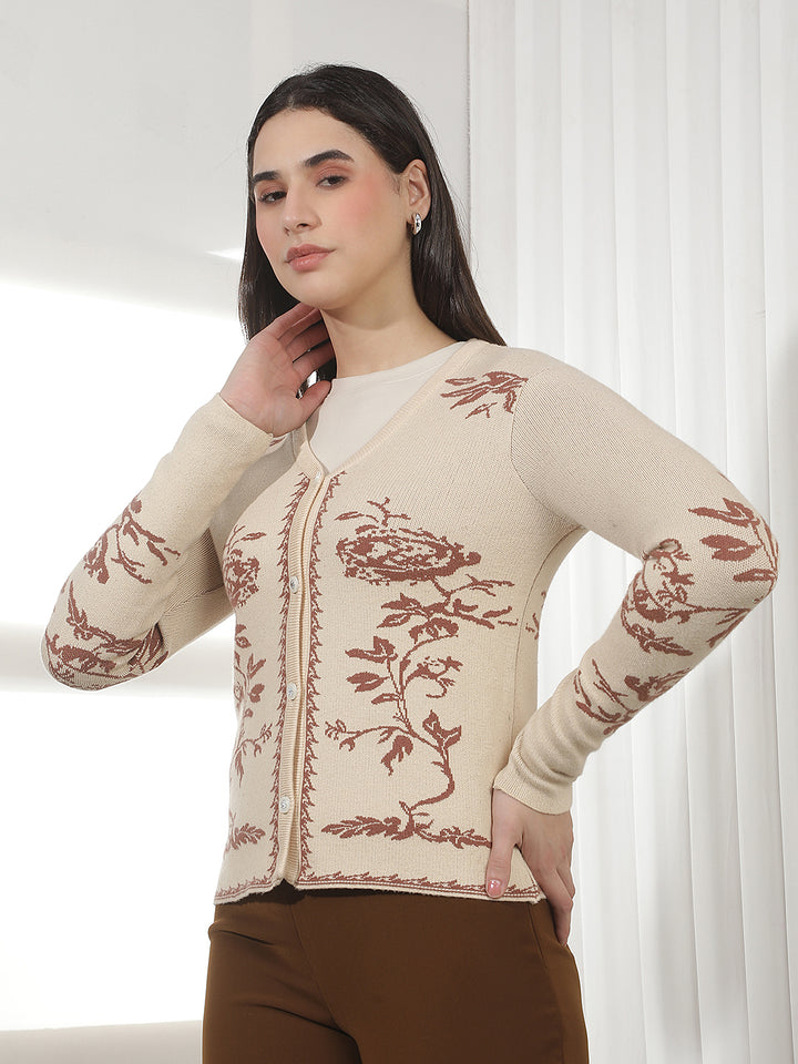 Beige Floral Print V-neck Cardigan