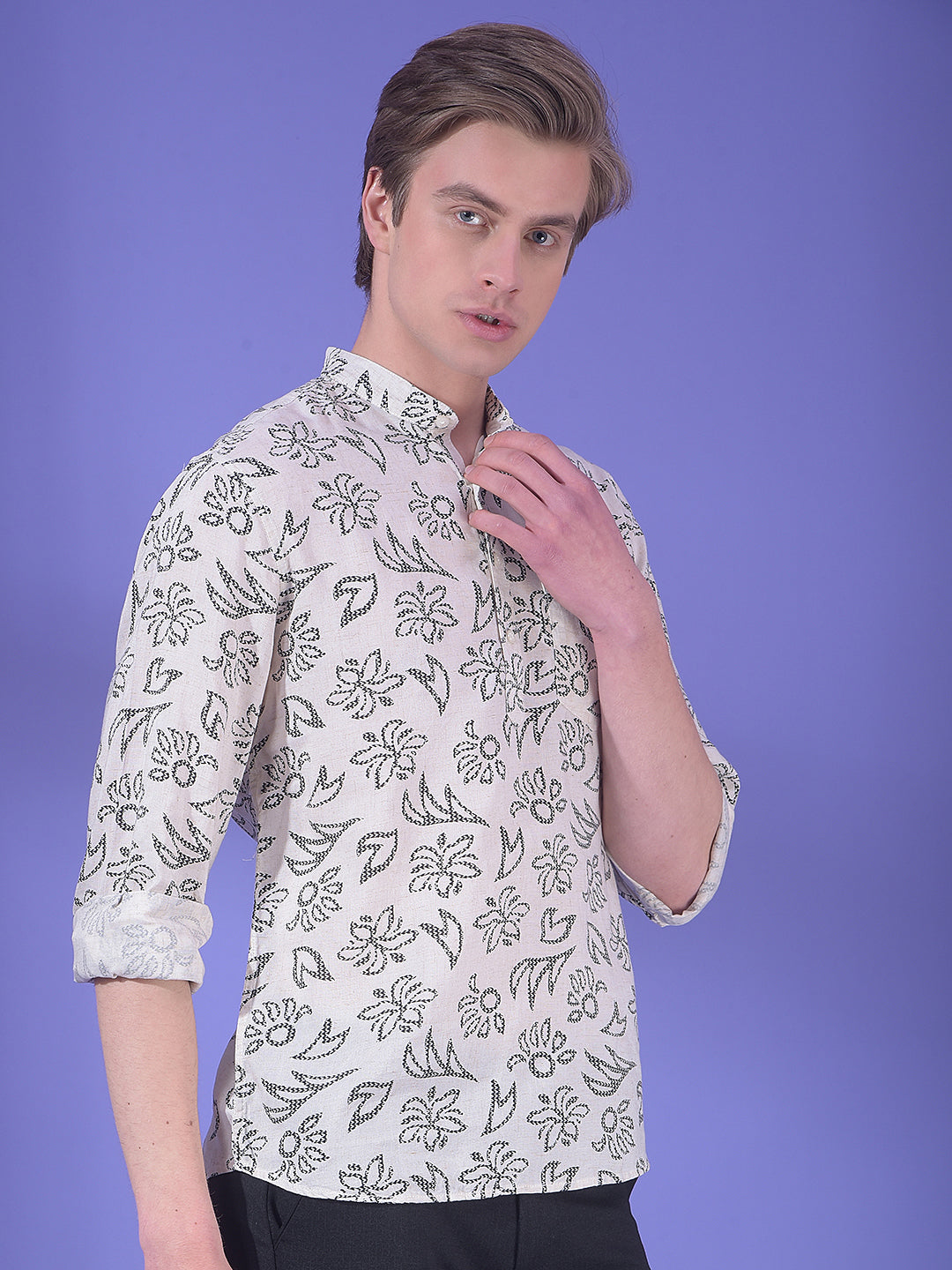 Black Floral Printed Linen Kurta