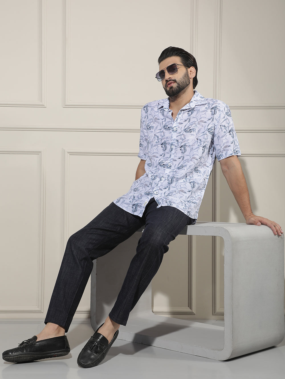 Blue Floral Print Linen Shirt
