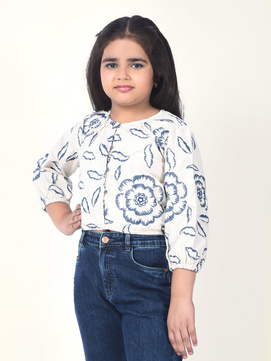 Blue Embroidered Linen Crop-Top
