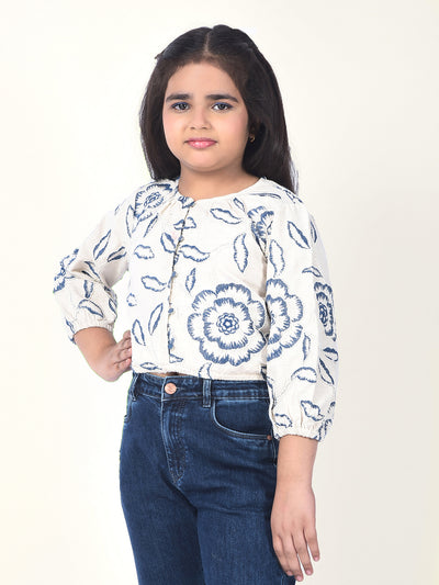 Blue Embroidered Linen Crop-Top