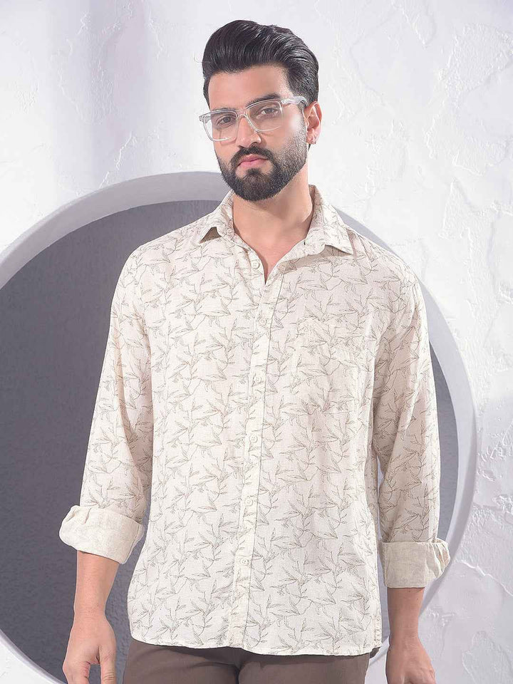 Beige Floral Print Linen Shirt