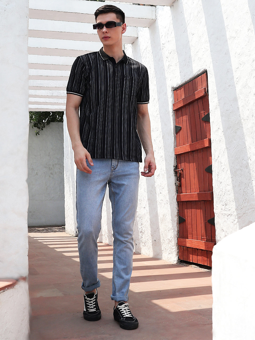 Black Vertical Stripes Polo Neck T-Shirt