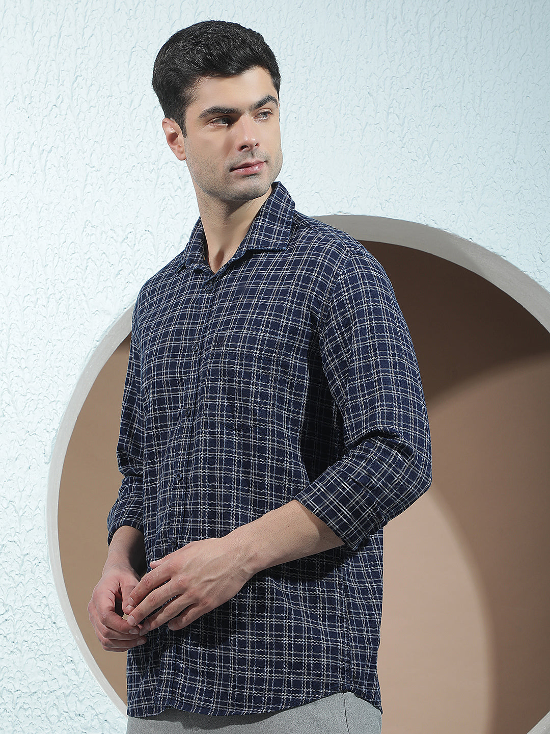 Navy Blue 100% Cotton Checked Shirt