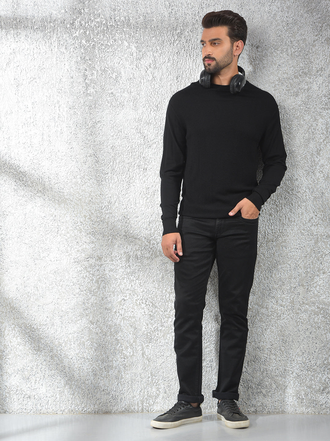 All-Day Comfort Black Jacquard Sweater