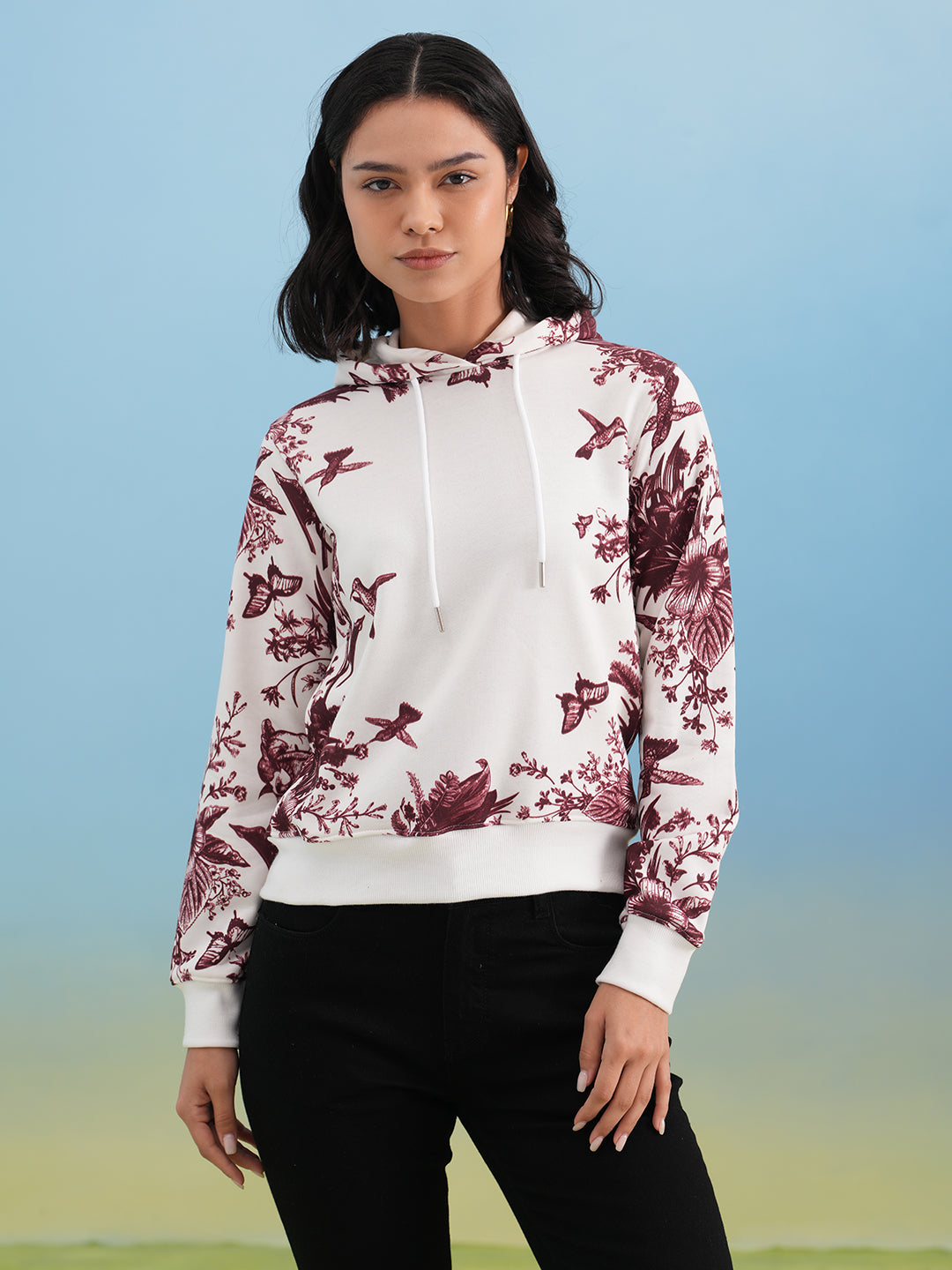 Wine Floral Print Hooded Neck Sweatshirt