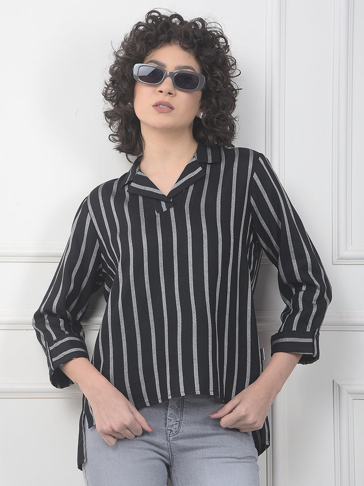 Black Vertical Stripes Resort-Collar Top