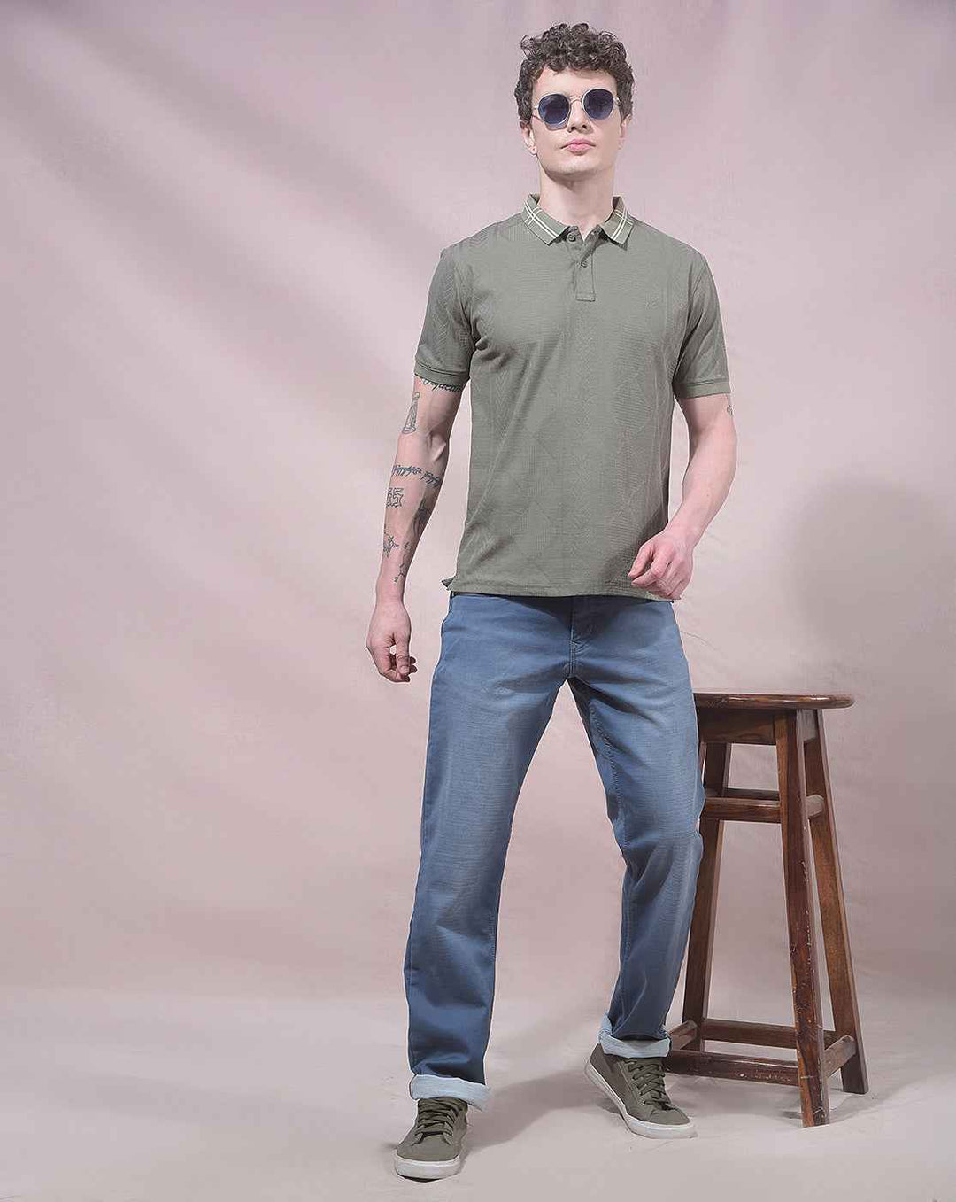 Olive Jacquard Polo Neck T-Shirt