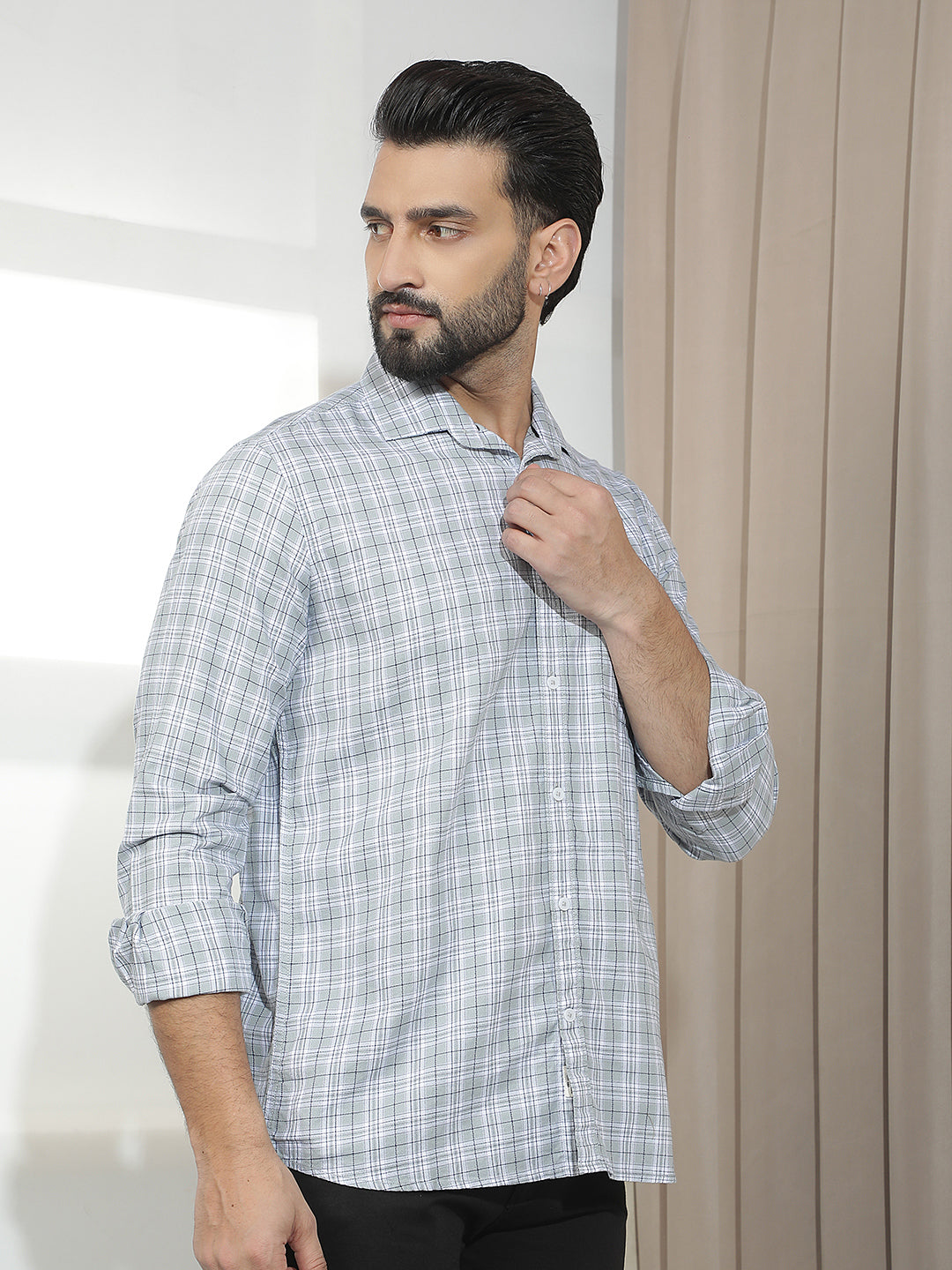 Grey 100% Cotton Checked Shirt