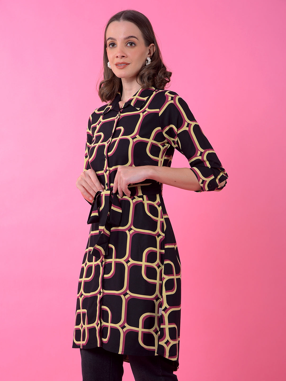 Black Printed Knee Length Shirt
