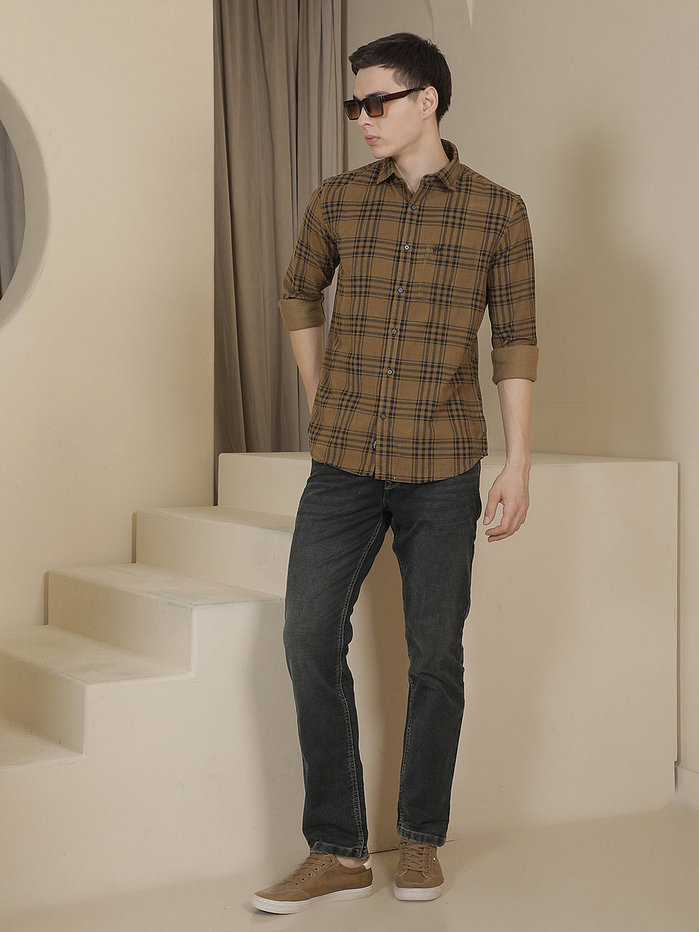 Brown Checked 100% Cotton Corduroy Shirt