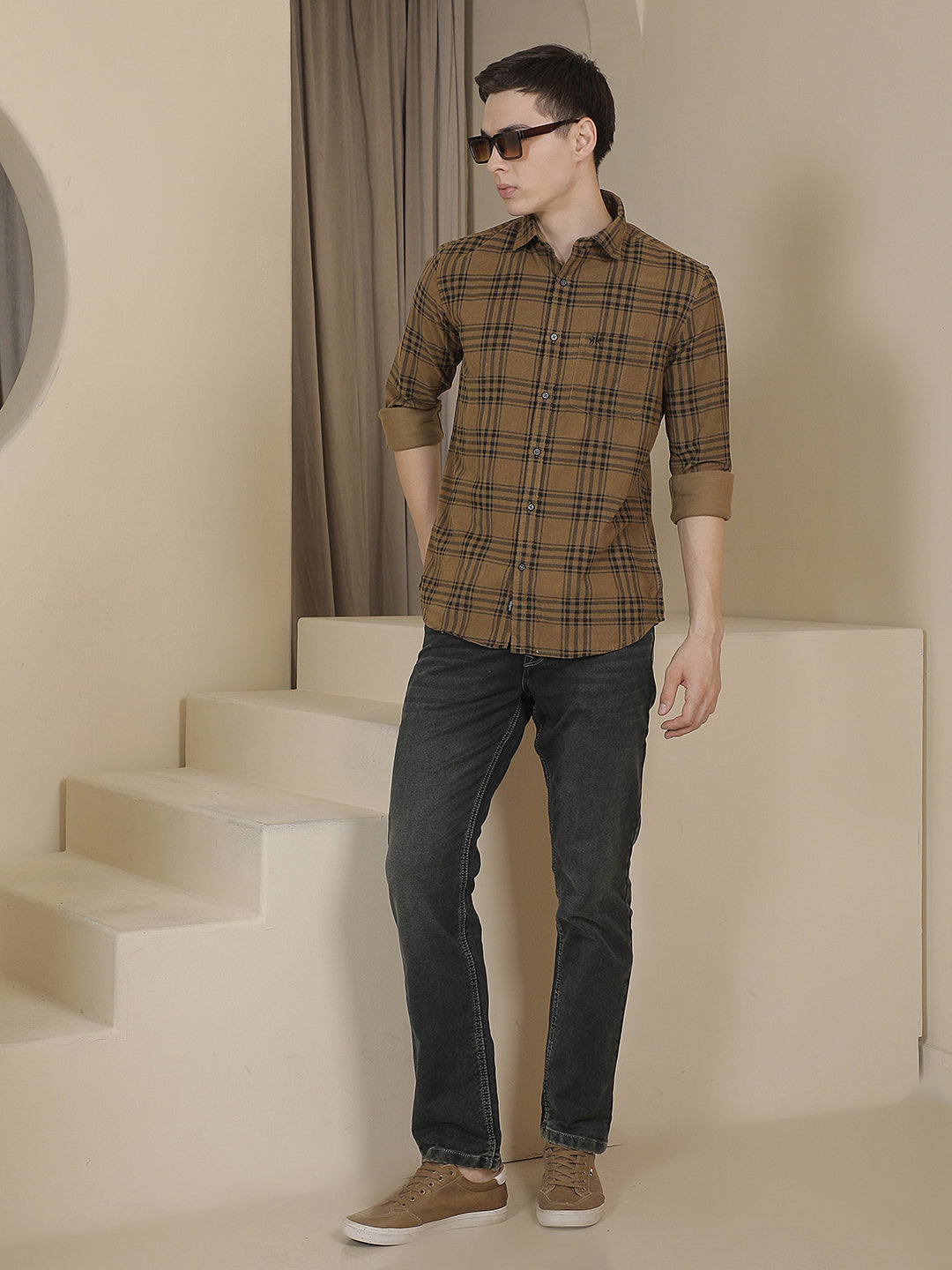 Brown Checked 100% Cotton Corduroy Shirt