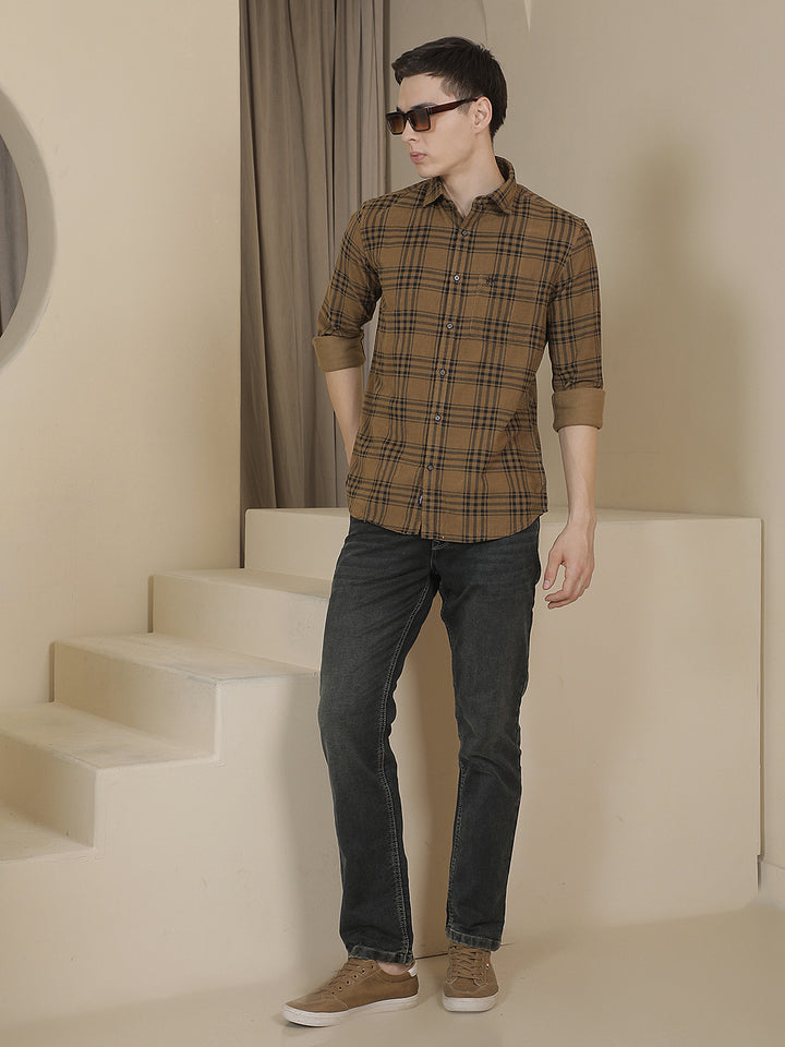 Brown Checked 100% Cotton Corduroy Shirt