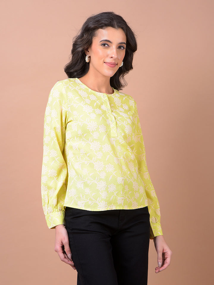 Green Floral Print Linen Top