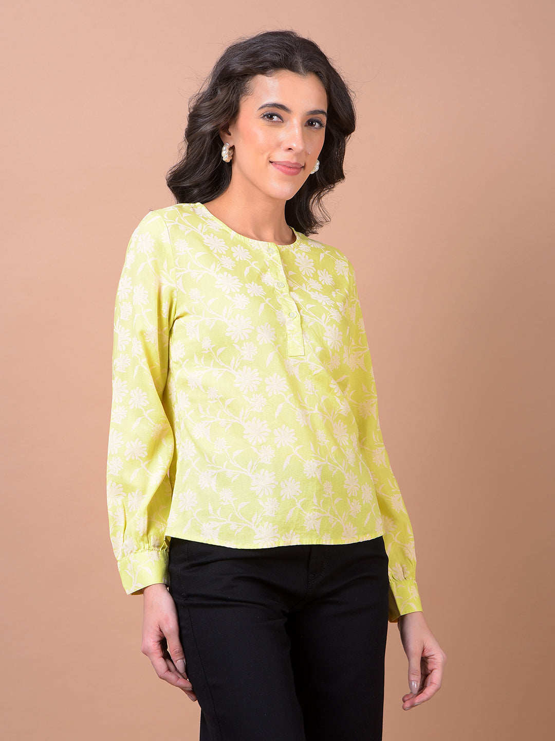 Green Floral Print Linen Top
