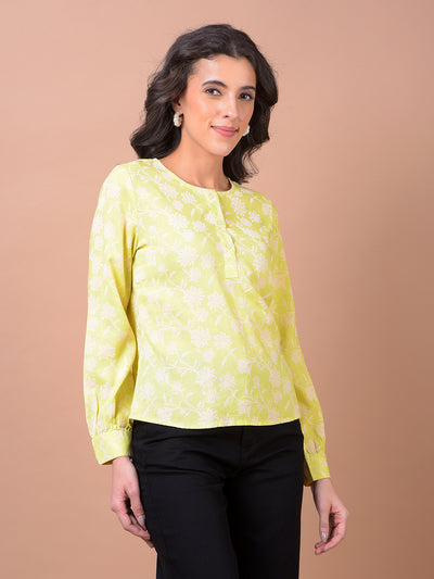 Green Floral Print Linen Top