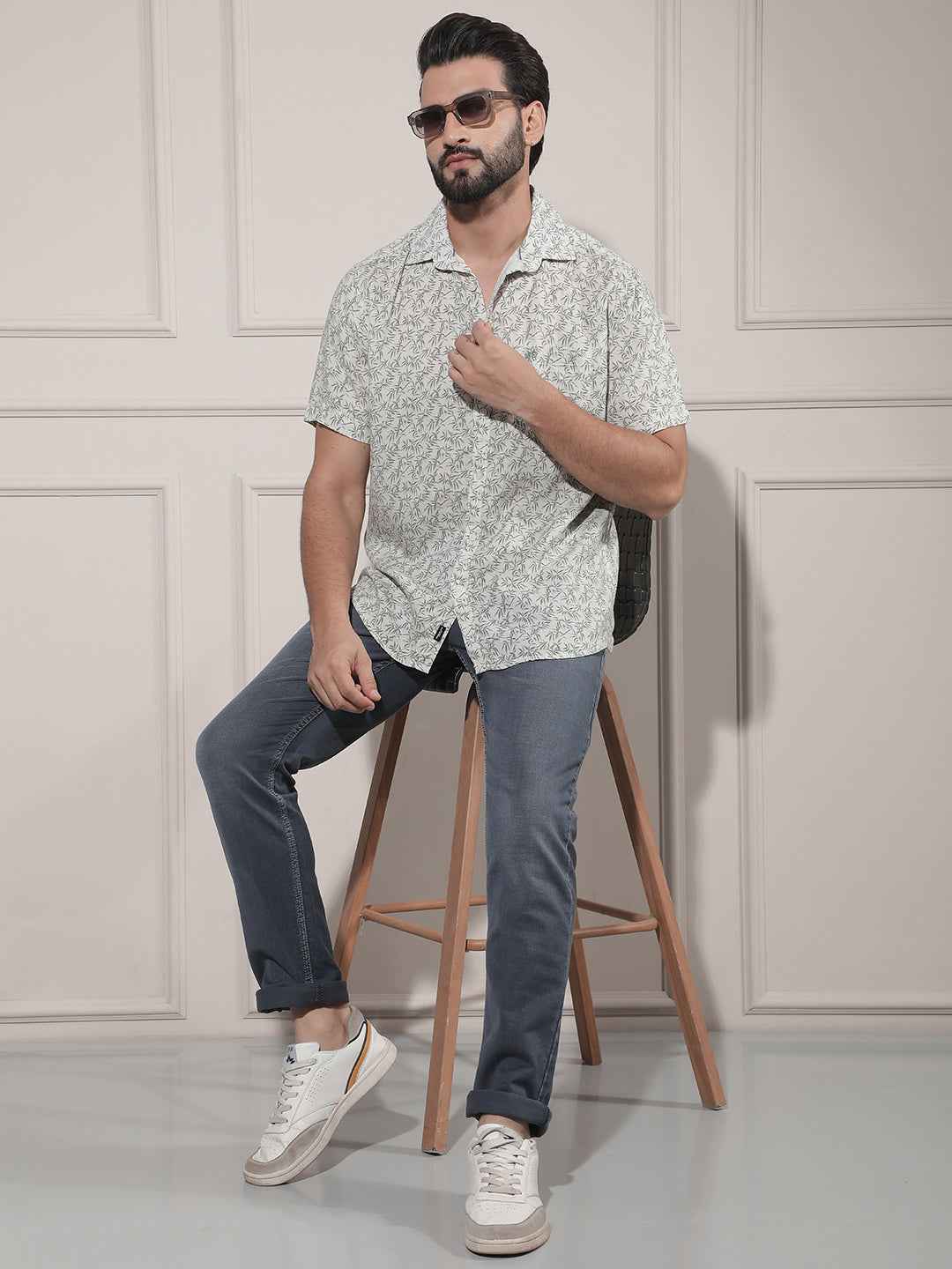 Green Floral Print Linen Shirt