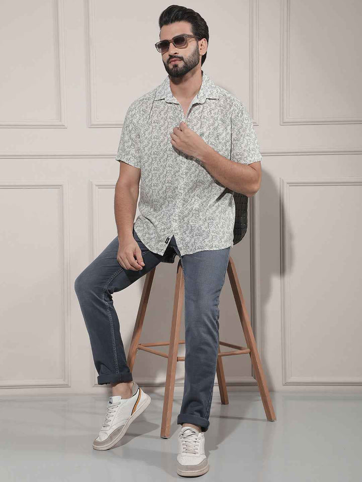 Green Floral Print Linen Shirt