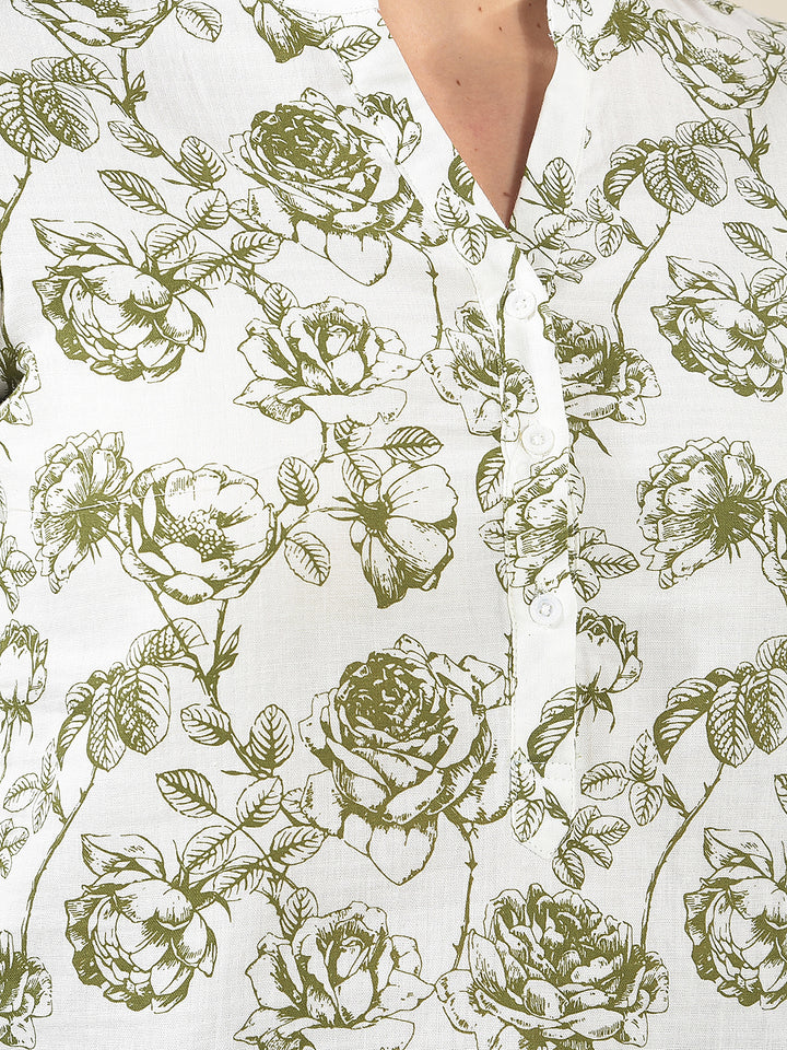 Green Floral Print V-Neck 100% Cotton Top