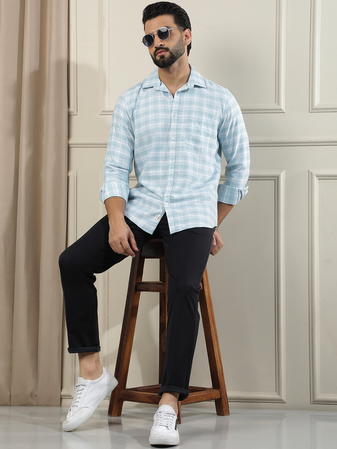 Sleek Azure Blue Checked Shirt