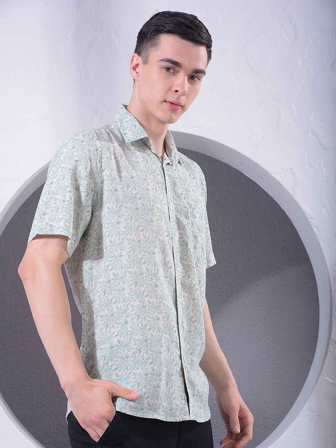 Green Floral Print Linen Shirt