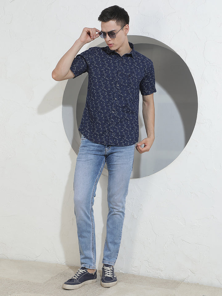 Blue Floral Print 100% Cotton Shirt