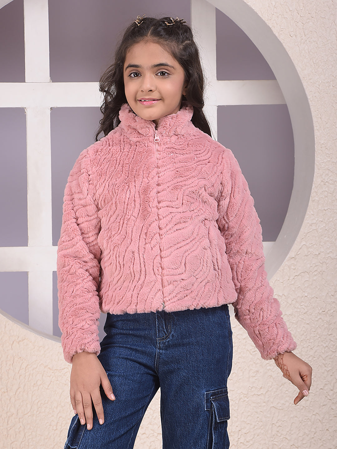 Pink Embellished High Neck Fur Jacket