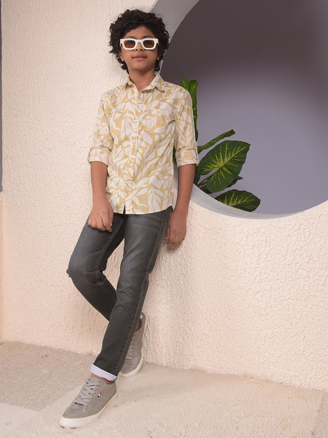 Beige Printed 100% Cotton Shirt