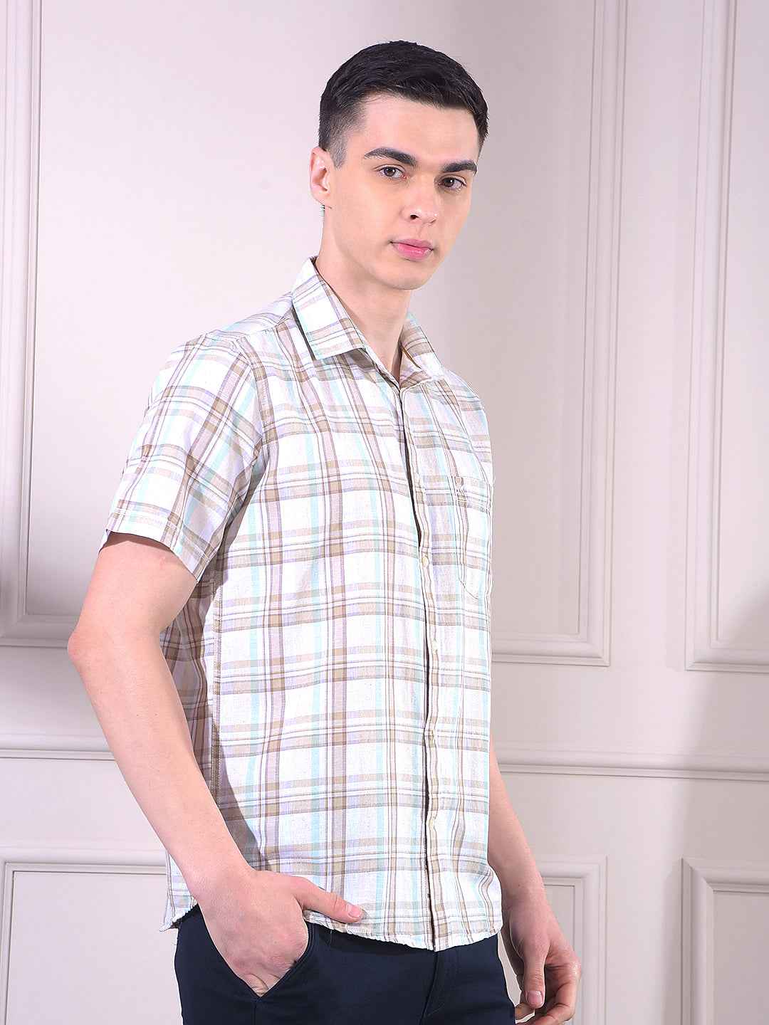 Beige Linen Checked Shirt