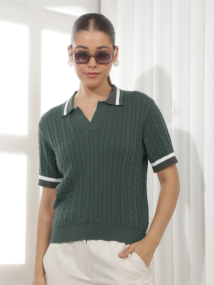 Olive Jacquard Polo Neck 100% Cotton T-Shirt