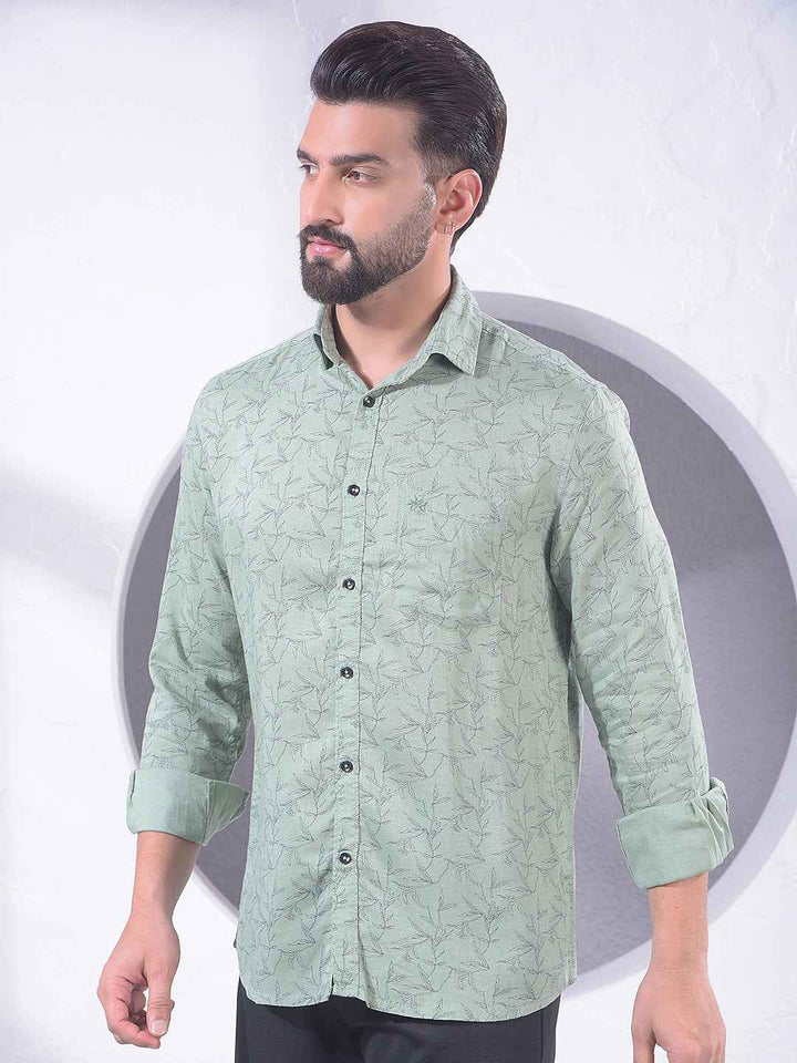 Green Floral Print Linen Shirt