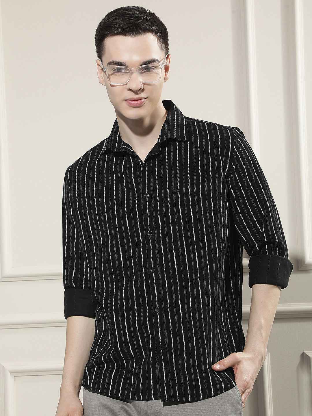 Black Vertical Stripes 100% Cotton Corduroy Shirt