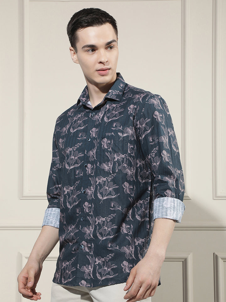 Navy Blue Floral Print Shirt