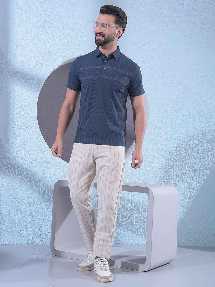 Navy Blue Checked Polo Neck T-Shirt