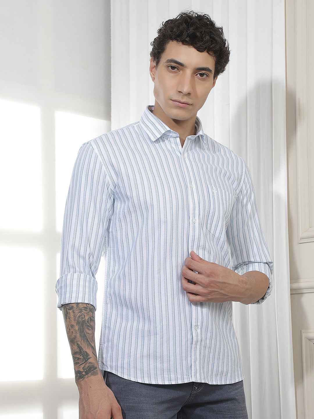 Blue Vertical Striped 100% Cotton Shirt