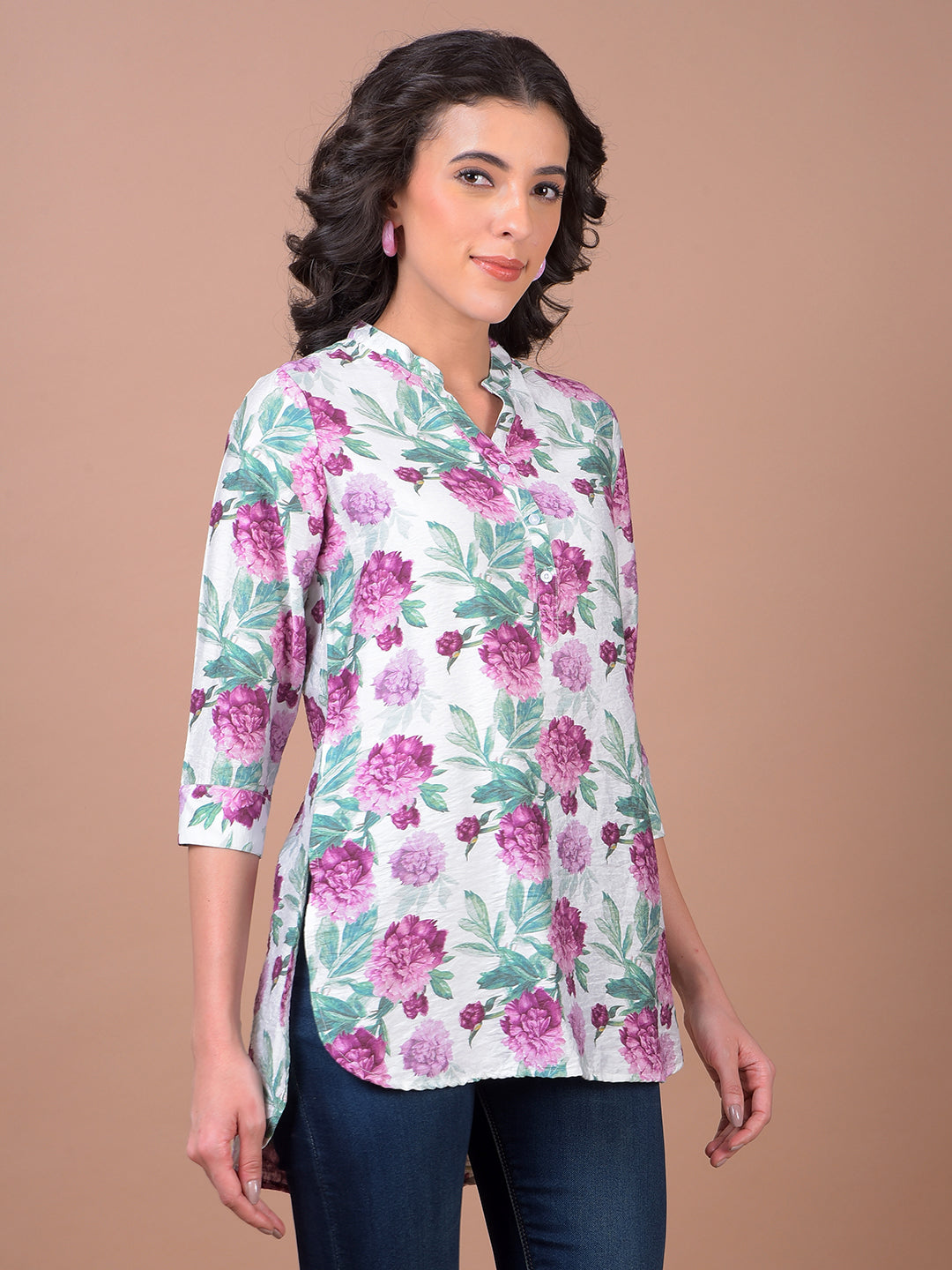 Purple Floral Print V-Neck Top