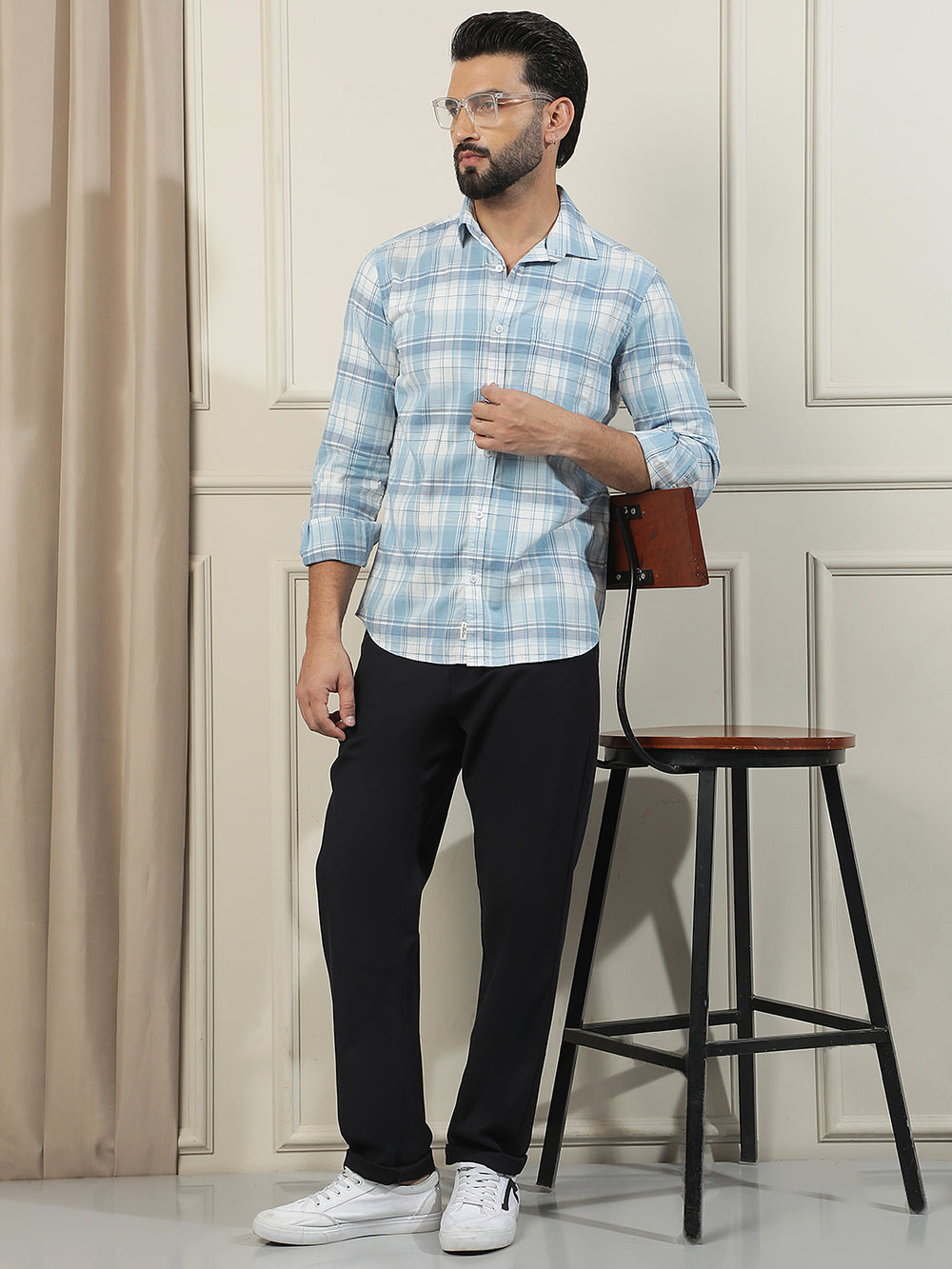 Pastel Blue 100% Cotton Checked Shirt